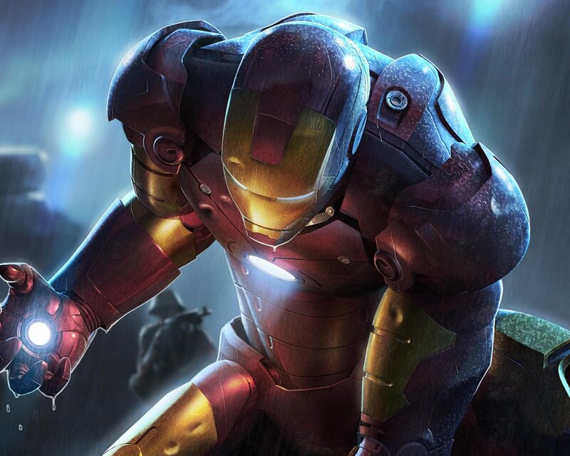 Iron Man Suit — Red, Dramatic, Night, Digital Art, Rain, Light