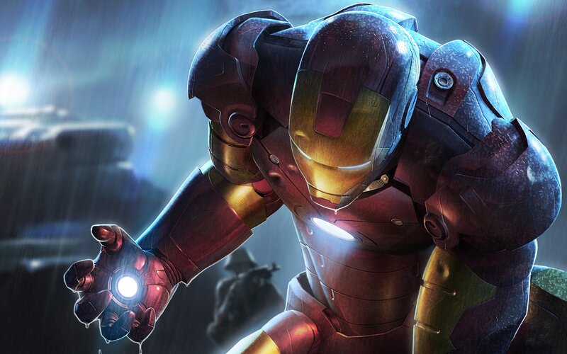 Iron Man Suit — Red, Dramatic, Night, Digital Art, Rain, Lightning