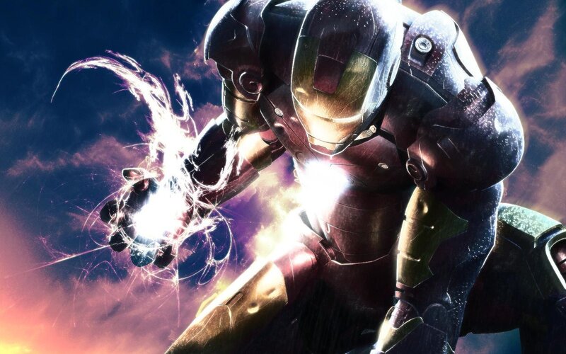 Iron Man Suit — Red, Dramatic, Sunset, Digital Art, Energy Blast, Sky