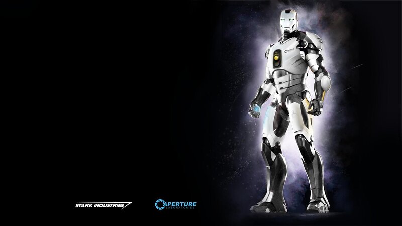 Iron Man suit with Aperture logo