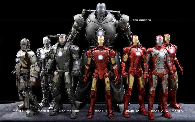 Iron Man Suits in a Lineup