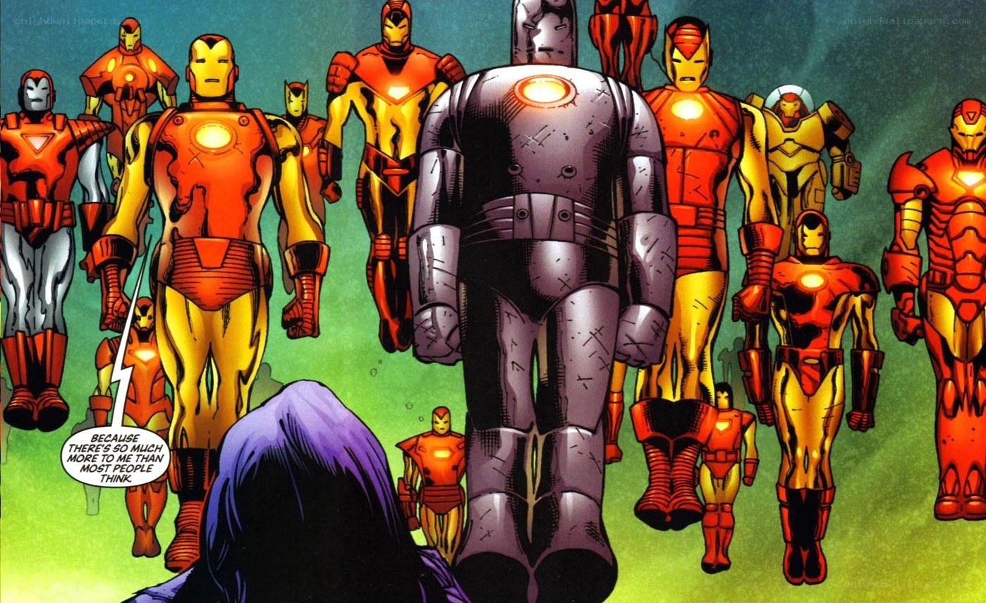 Iron Man suits in comic panel