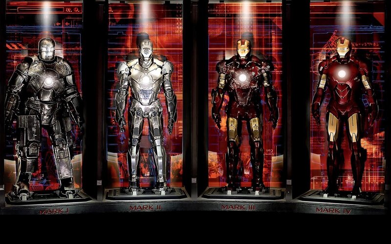 Iron Man Suits in Display — Red, Dramatic, Digital Art, Armor