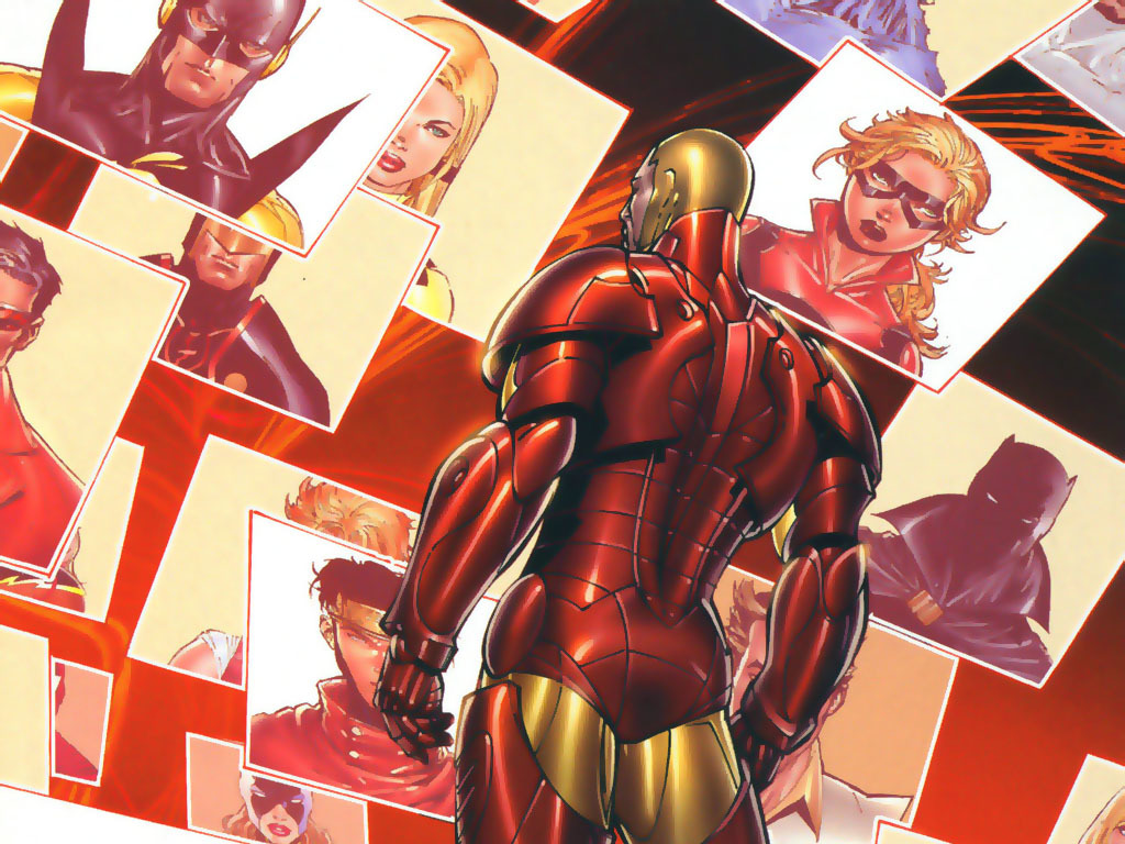 Iron Man surrounded by heroes