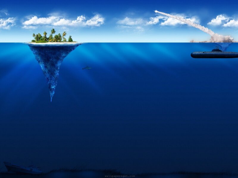 Island and submarine underwater scene