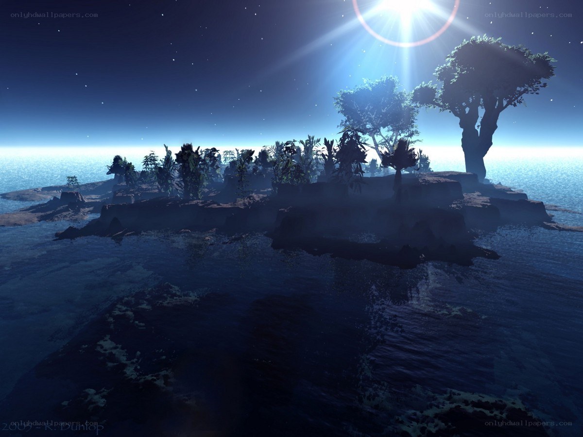 Island at dawn with sunburst