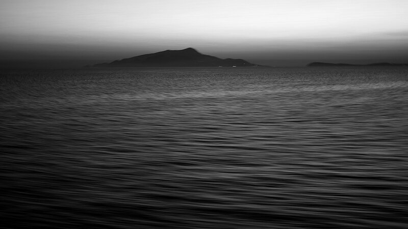 Island at dusk in black and white