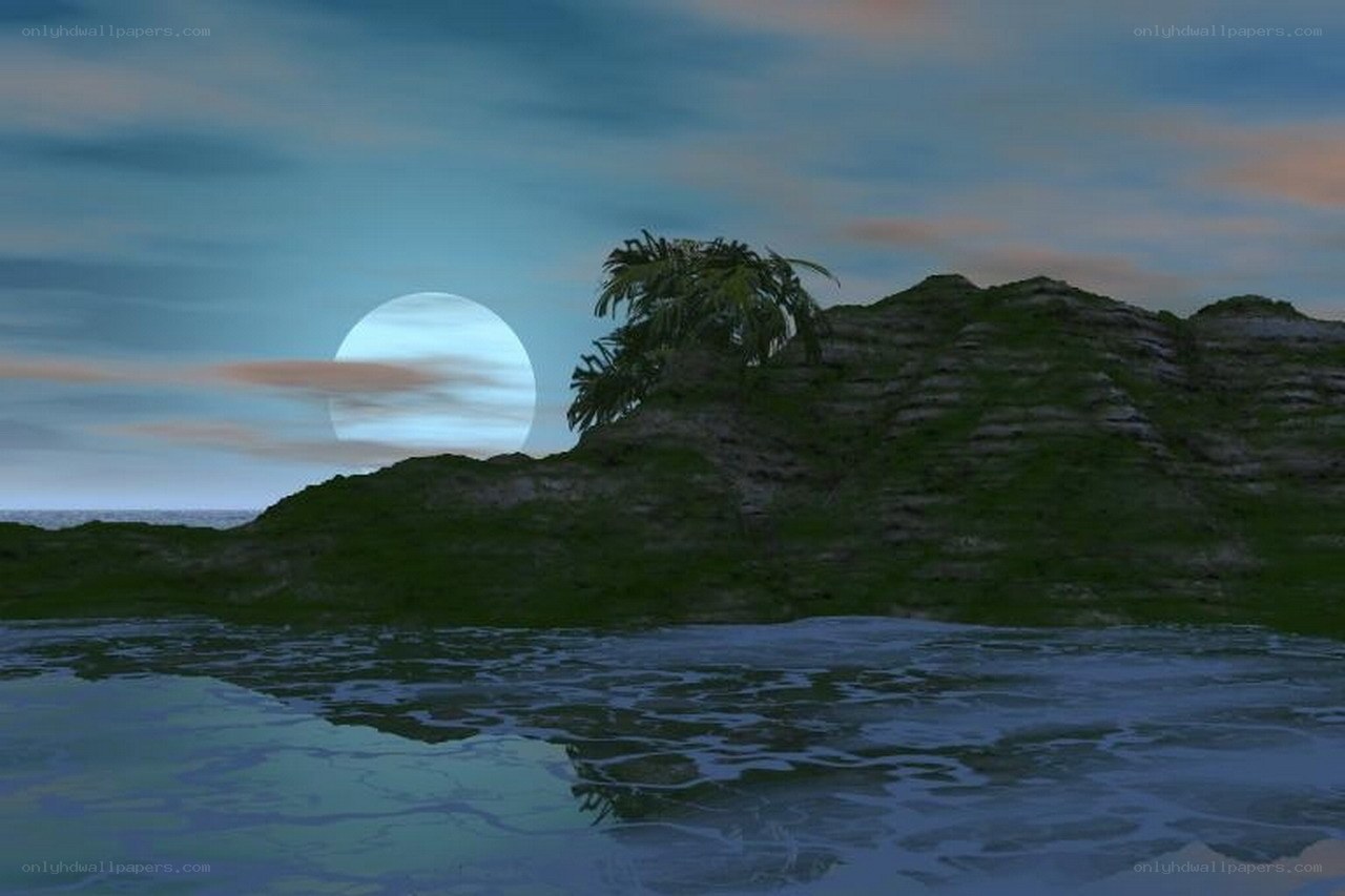 Island at dusk with full moon