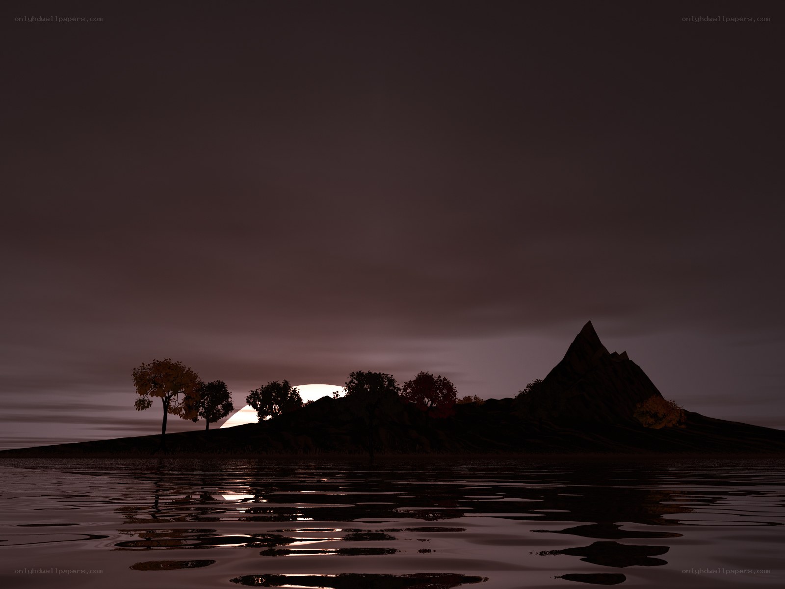 Island at dusk with setting sun