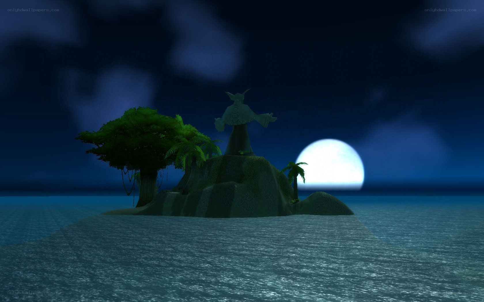 island at night with moon