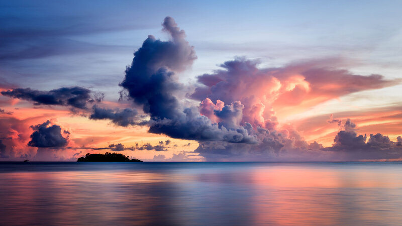 Island at Sunset — Blue, Dramatic, Photograph, Clouds, Ocean, Sky