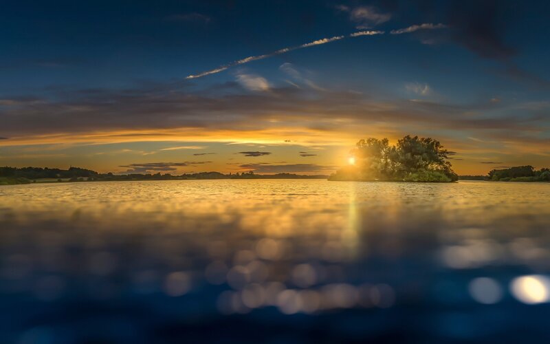 Island at Sunset — Blue, Serene, Photograph, Sun