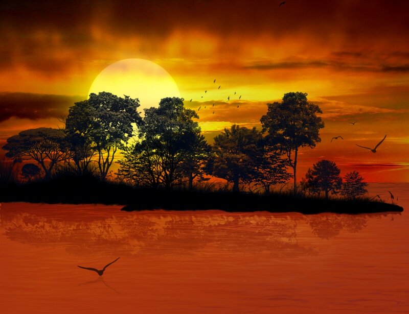 Island at Sunset — Orange, Dramatic, Digital Art