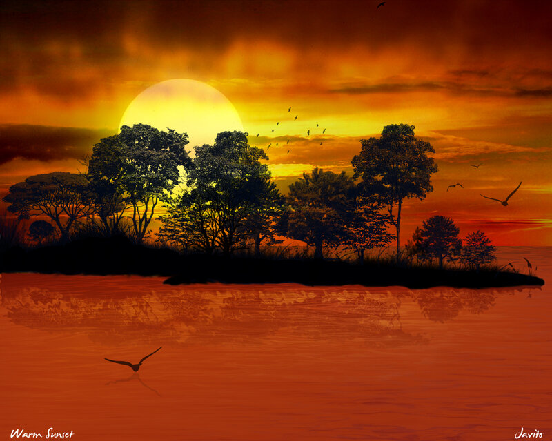 Island at Sunset — Orange, Dramatic, Digital Art, Trees