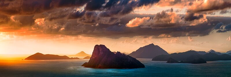 Island at Sunset — Orange, Dramatic, Photograph, Mountains