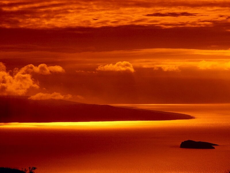 Island at Sunset — Orange, Dramatic, Photograph, Ocean, Clouds, Red