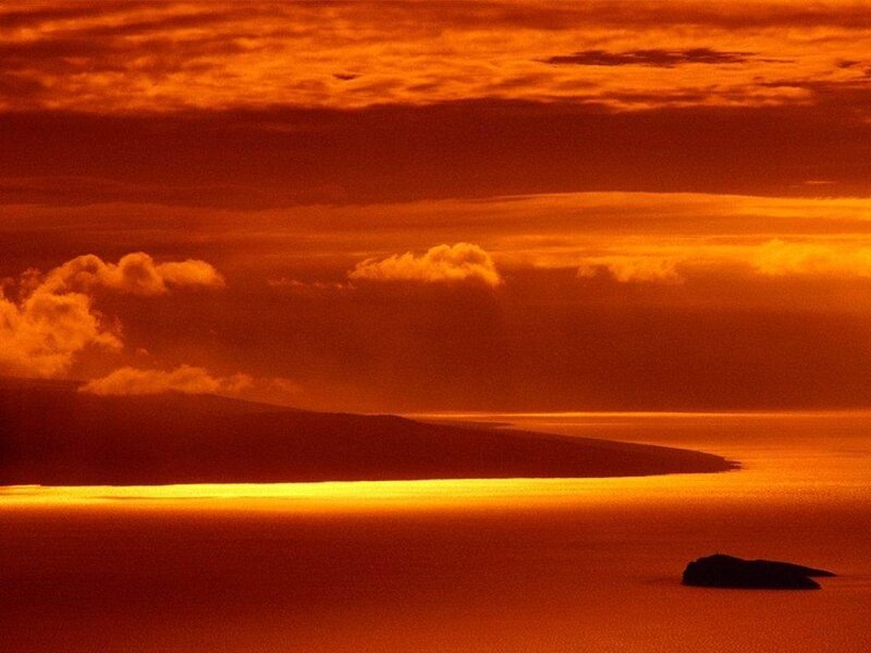 Island at Sunset — Orange, Dramatic, Photograph, Ocean, Clouds, Rock
