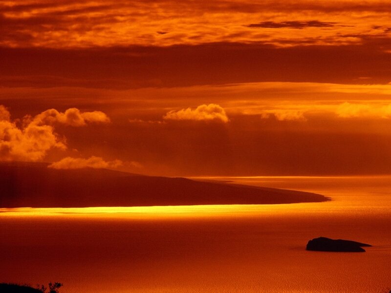 Island at Sunset — Orange, Dramatic, Photograph, Ocean, Clouds, Sky, Red, Yellow