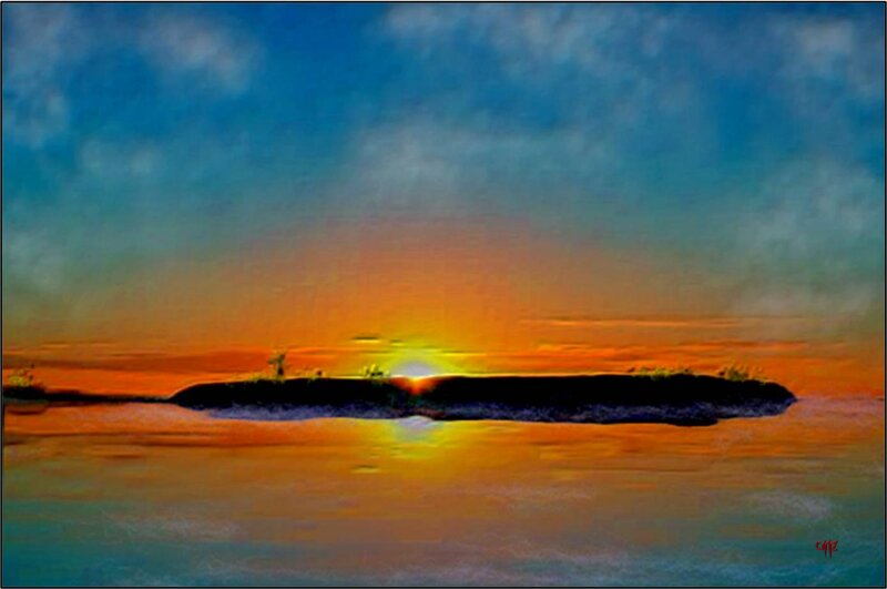 Island at Sunset — Orange, Serene, Digital Art, Sun