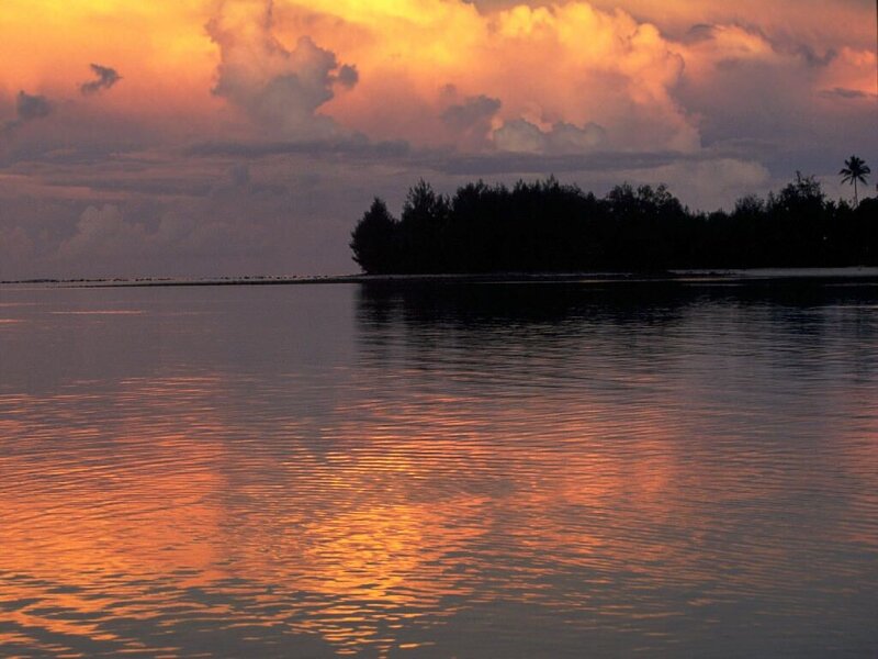 Island at Sunset — Orange, Serene, Photograph, Clouds