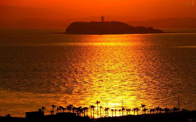 Island at Sunset — Orange, Serene, Photograph