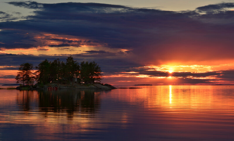 Island at Sunset — Orange, Serene, Photograph, Trees, Sky