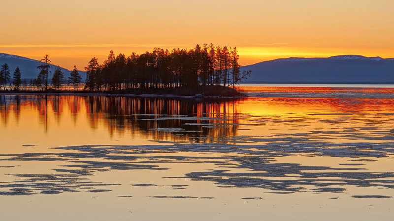 Island at Sunset — Orange, Serene, Photograph, Trees