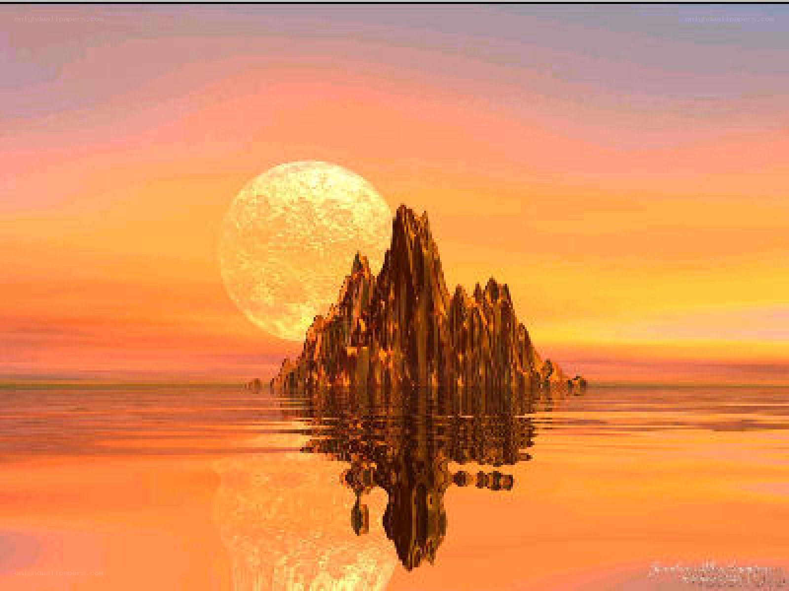 Island at sunset with moon