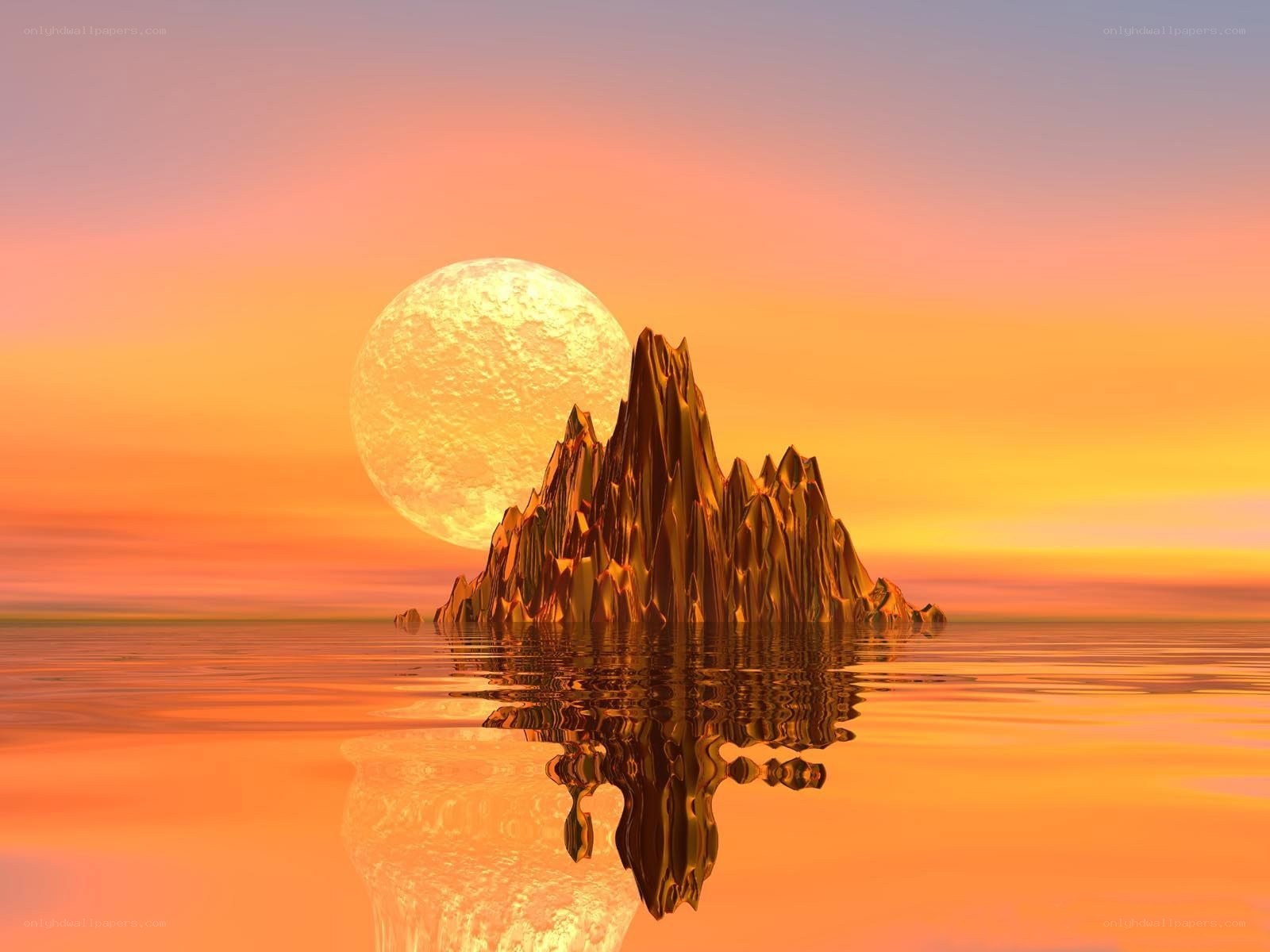 Island at sunset with moon