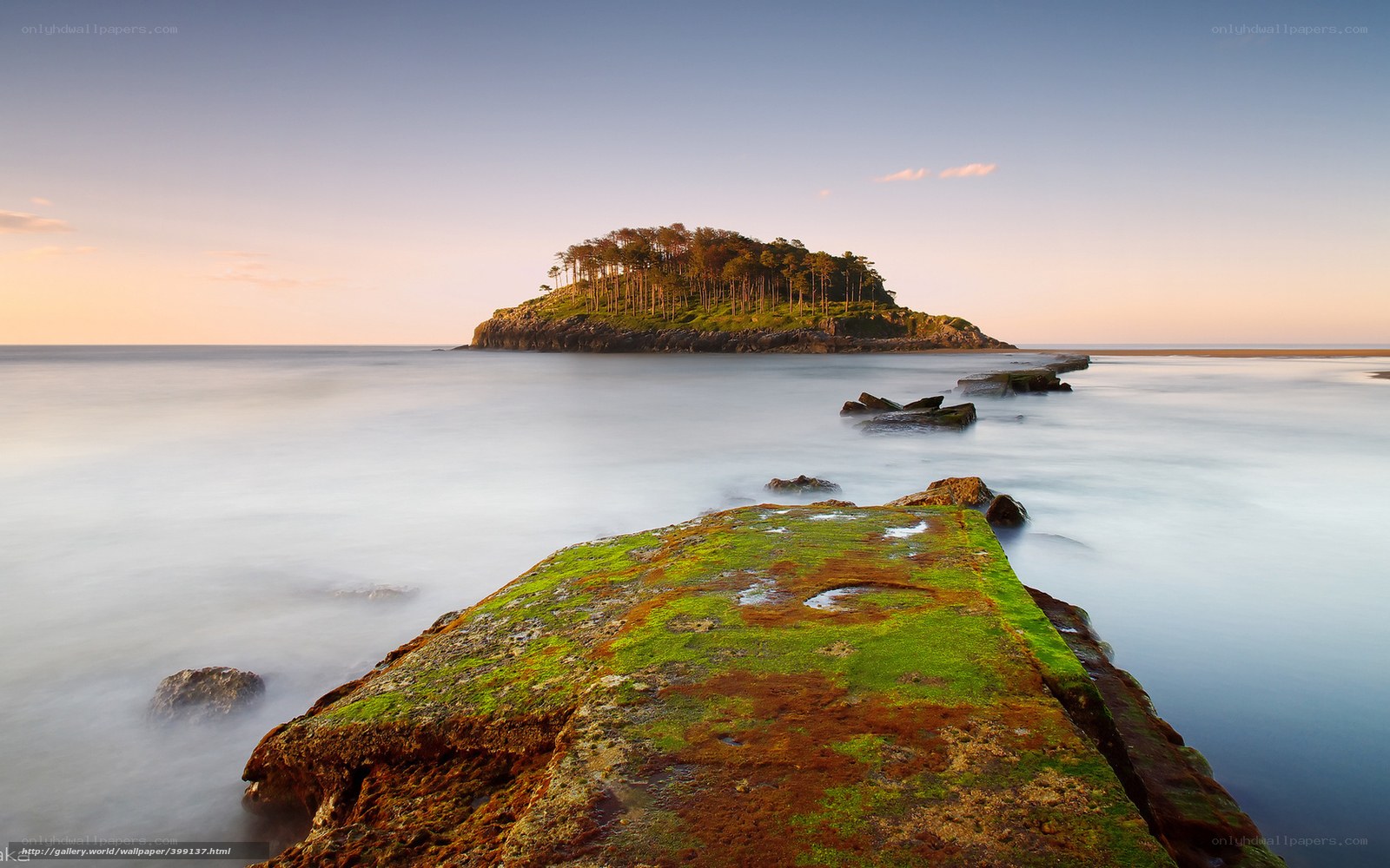 Island at sunset with mossy rocks