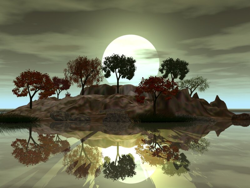 Island at sunset with reflection