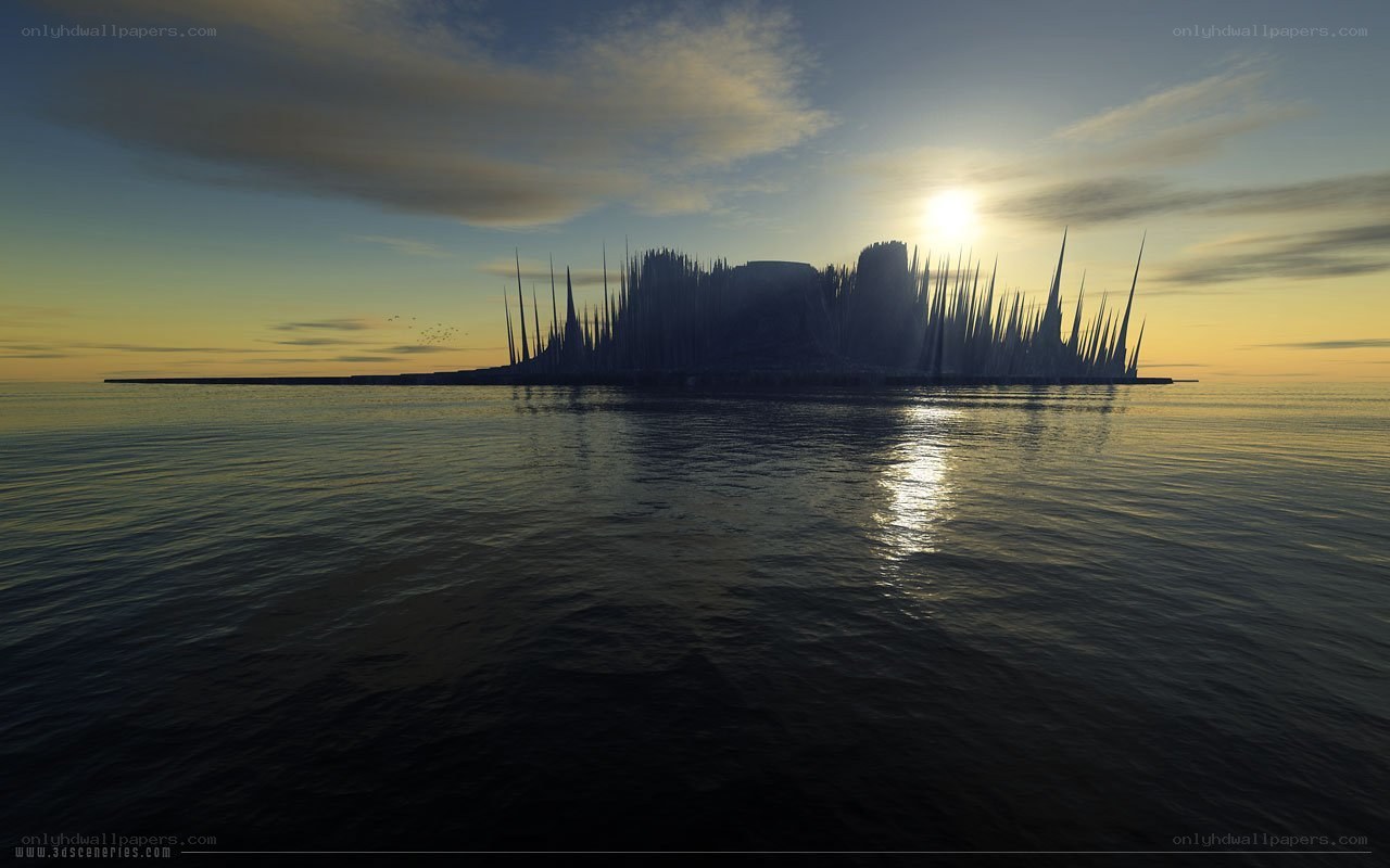 Island at sunset with spires