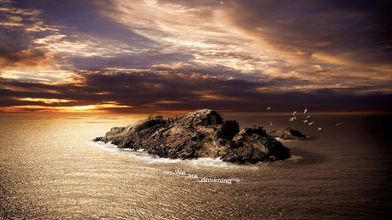 Island at sunset with text