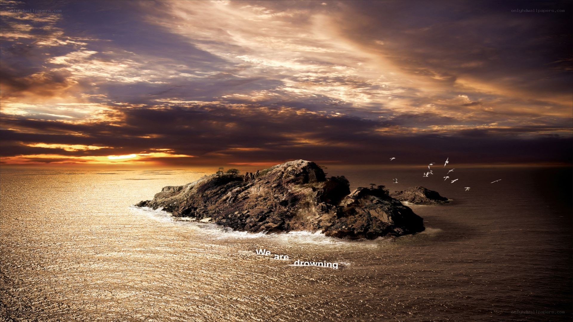 Island at sunset with text