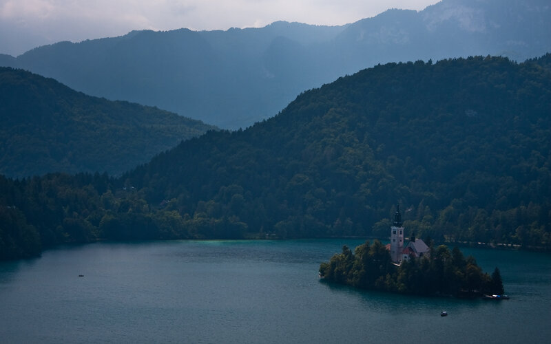 Island church in a mountain lake