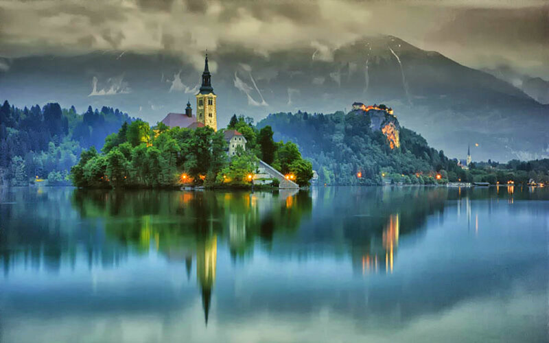 Island Church in Lake — Blue, Dramatic, Night