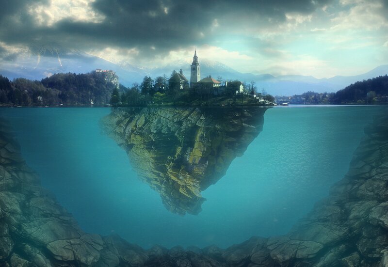 Island Church in Lake — Blue, Dramatic