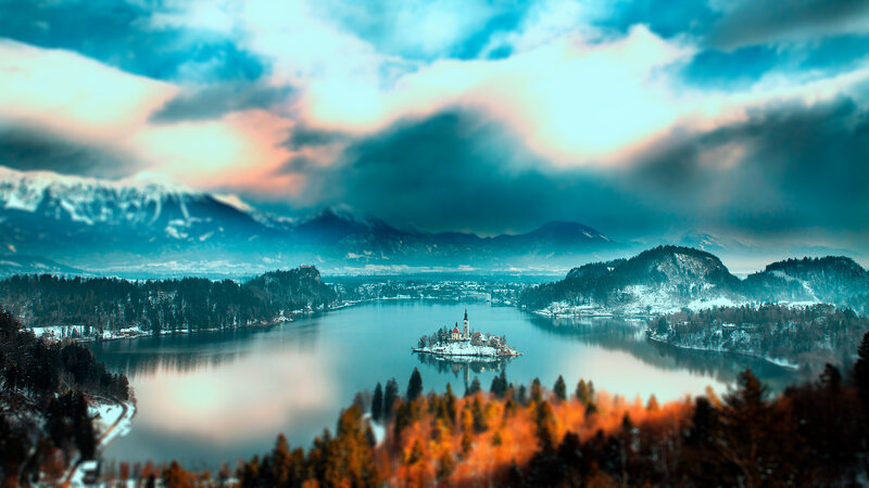 Island Church in Lake — Blue, Dramatic, Winter