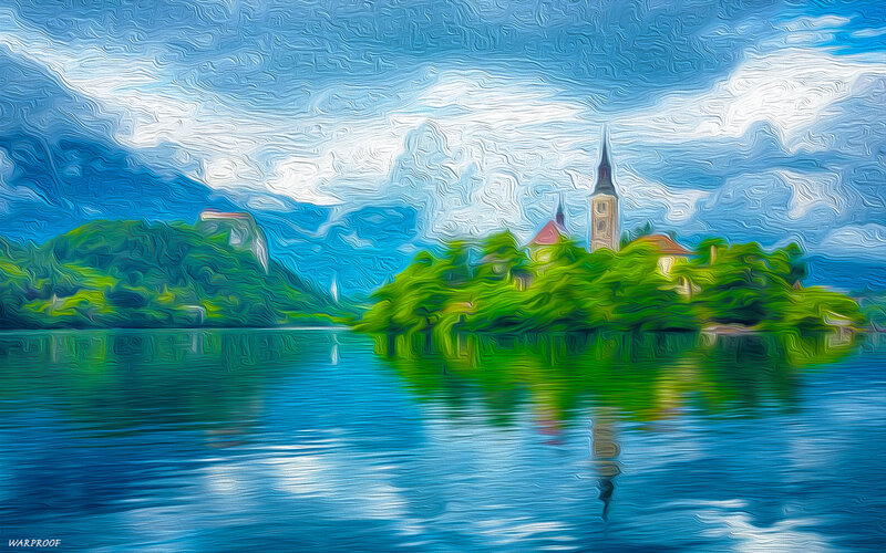 Island Church in Lake — Blue, Serene, Afternoon, Digital Art
