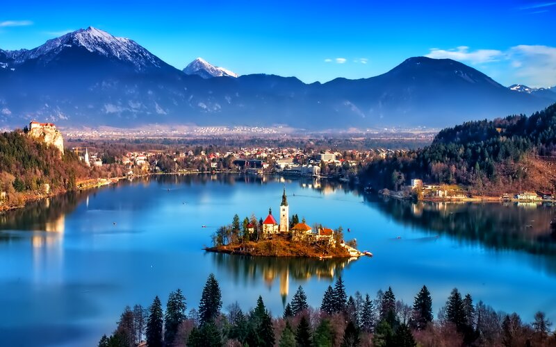 Island Church in Lake — Blue, Serene, Morning