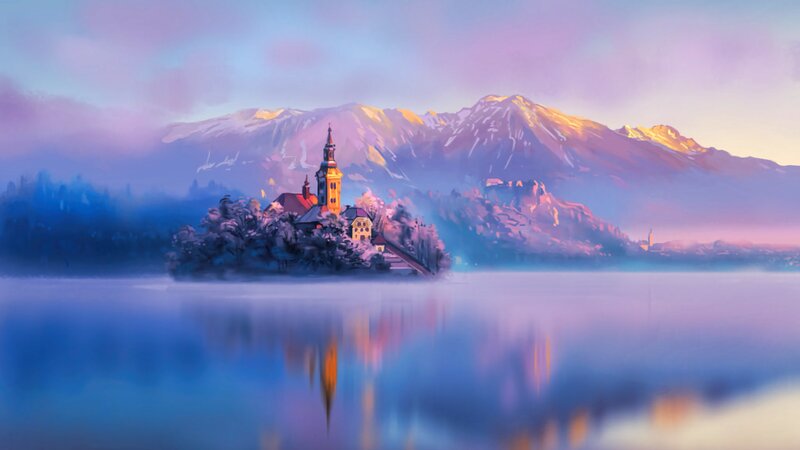 Island Church in Lake — Blue, Serene, Sunrise