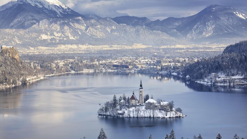 Island Church in Lake — Blue, Serene, Winter