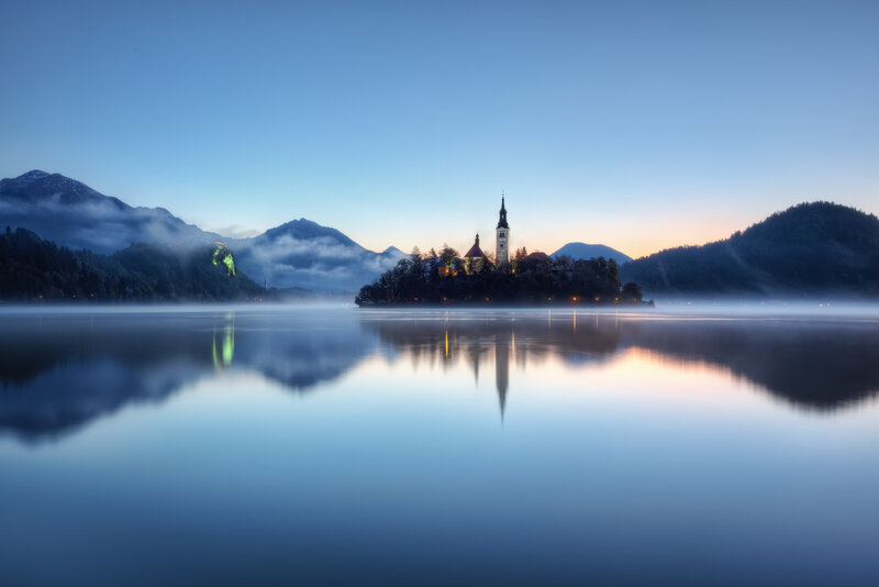Island Church in Lake — Blue