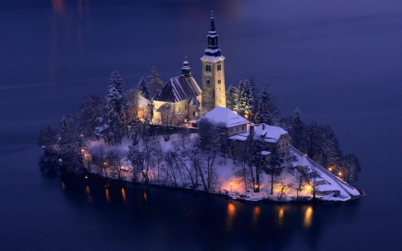 Island Church in Snow — Blue