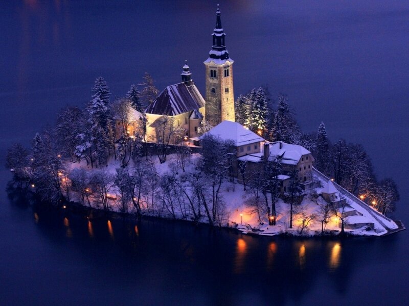 Island Church in Winter — Blue, Serene