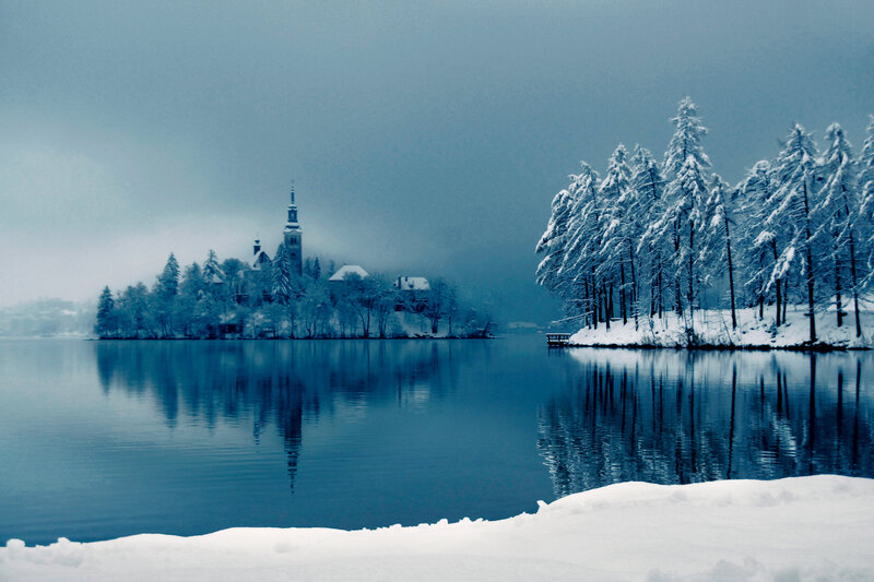 Island Church in Winter — Blue