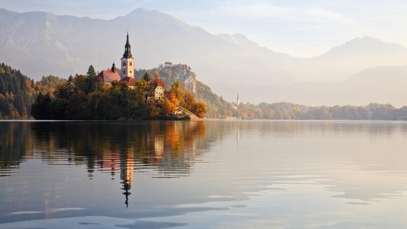 Island church on a lake