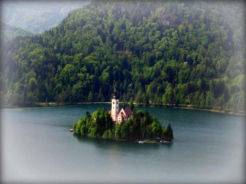 Island church on a lake