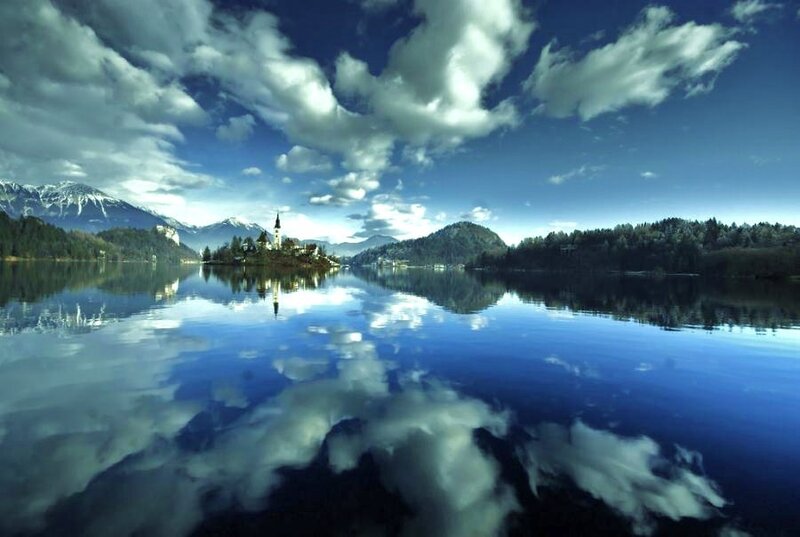 Island church on a serene lake