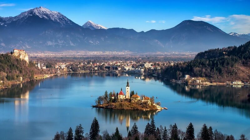 Island Church on Lake — Blue, Serene, Afternoon, Photograph